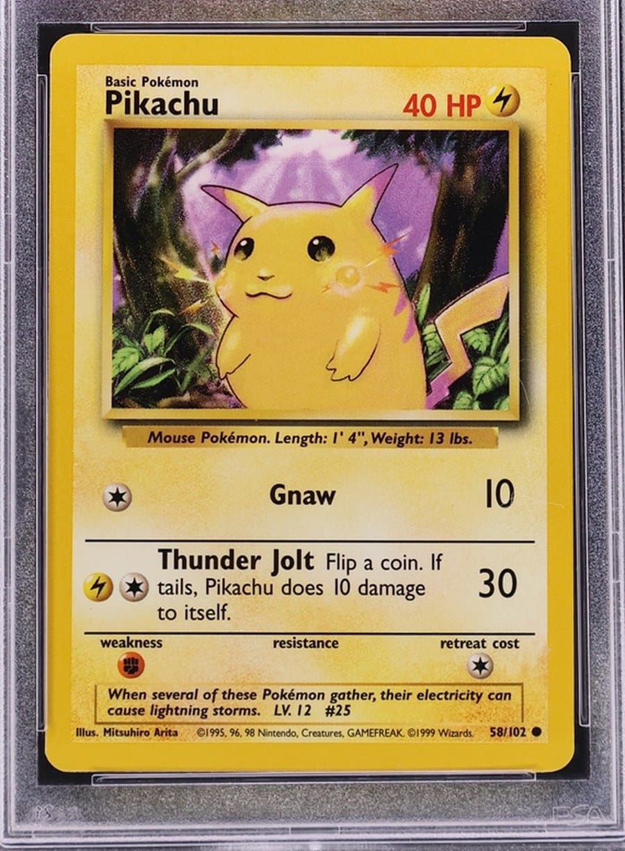 1999 Base Set Pikachu yellow cheeks card, label hidden