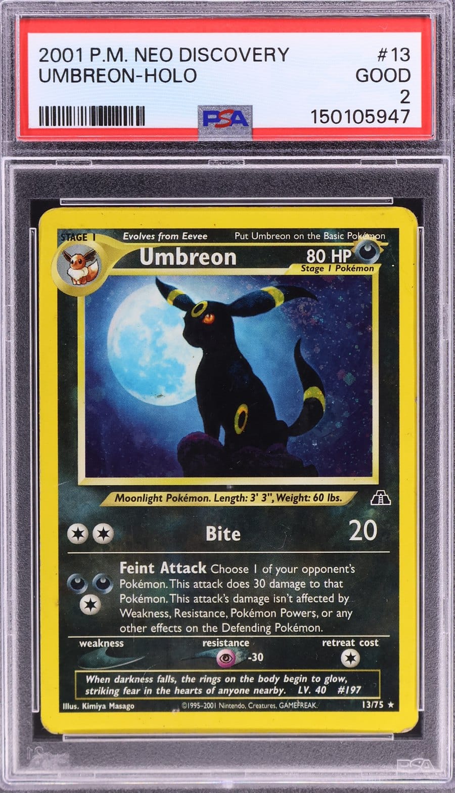 2001 Neo Discovery Umbreon holo in a PSA 2 slab